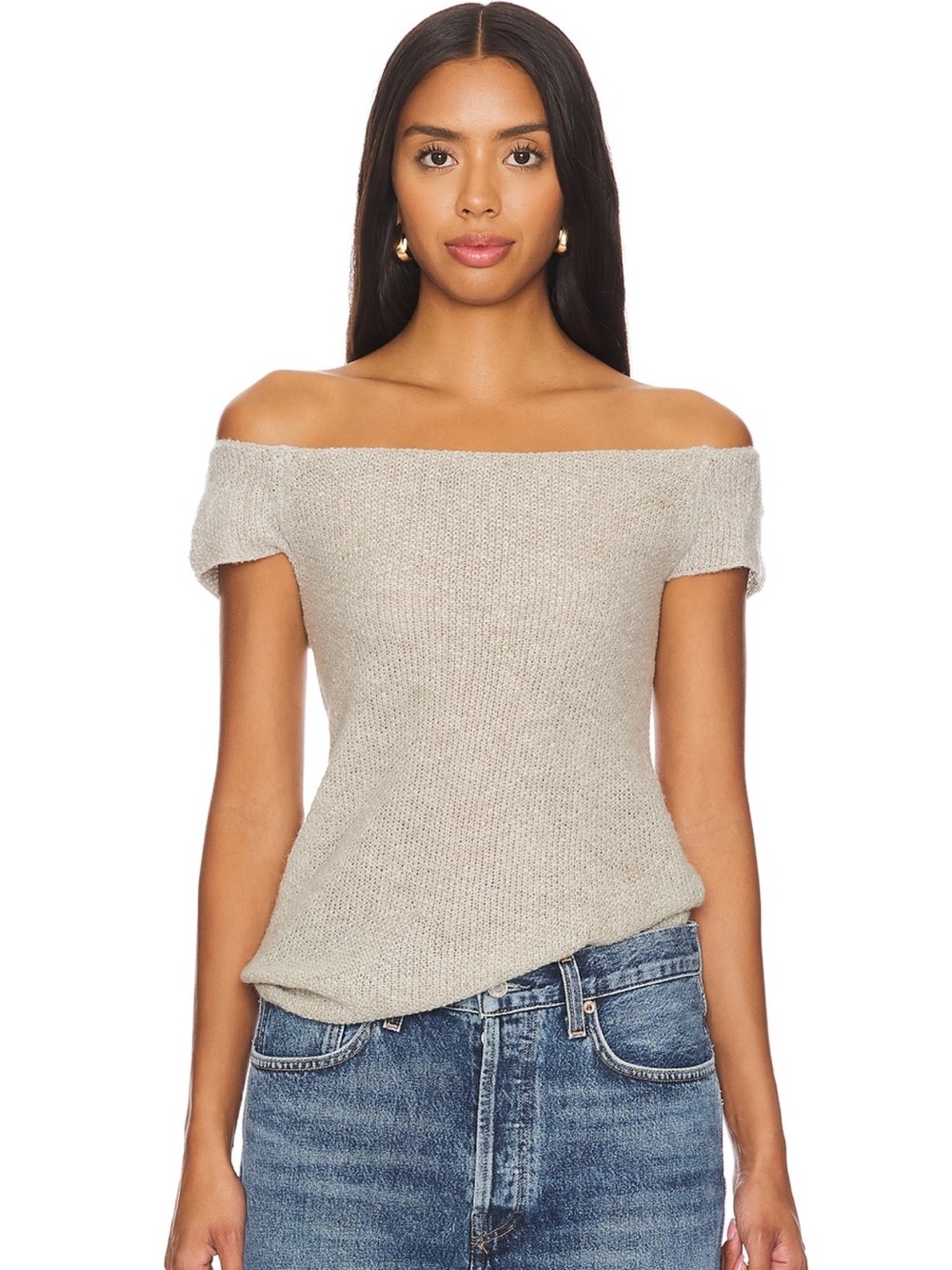 Off-the-Shoulder Knit Top in Light Taupe